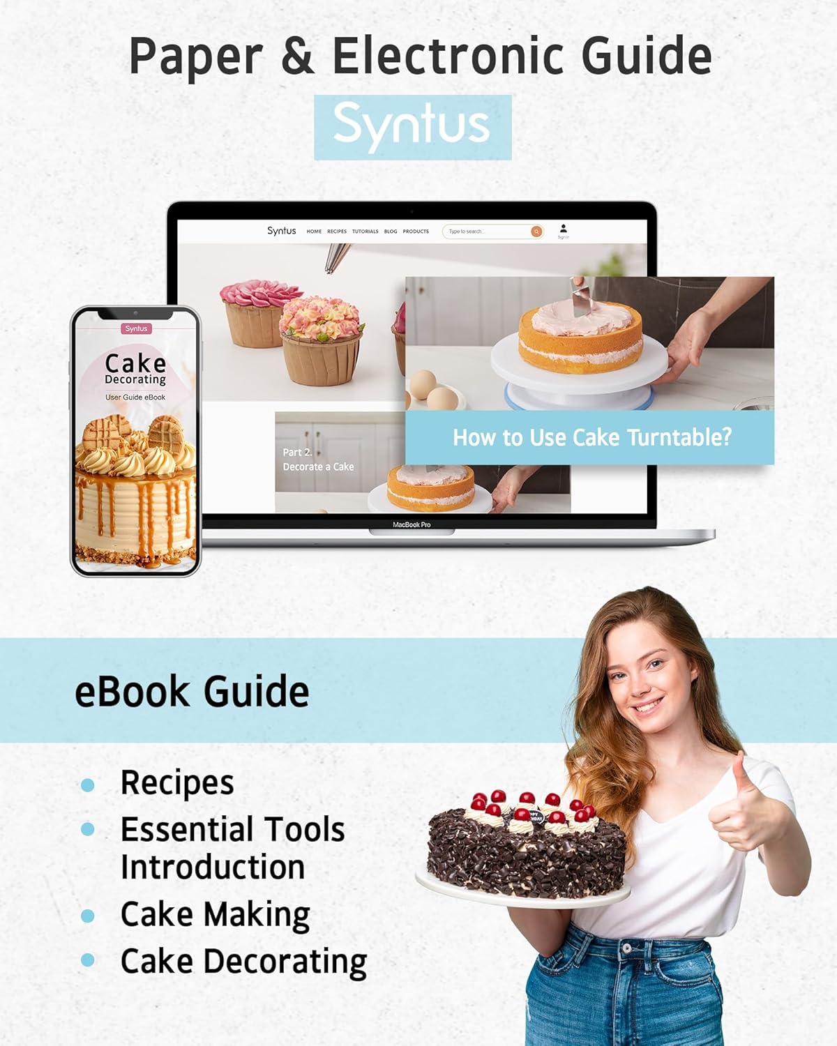 Syntus 65 PCs Cake Decorating Kit with Cake Stand Turntable, Cake Baking Supplies 30+1 Piping Bags, 24 Piping Tips, Offset & Straight Spatulas, 3 Scrapers, Leveler, 2 Couplers & 1 Tips Brush