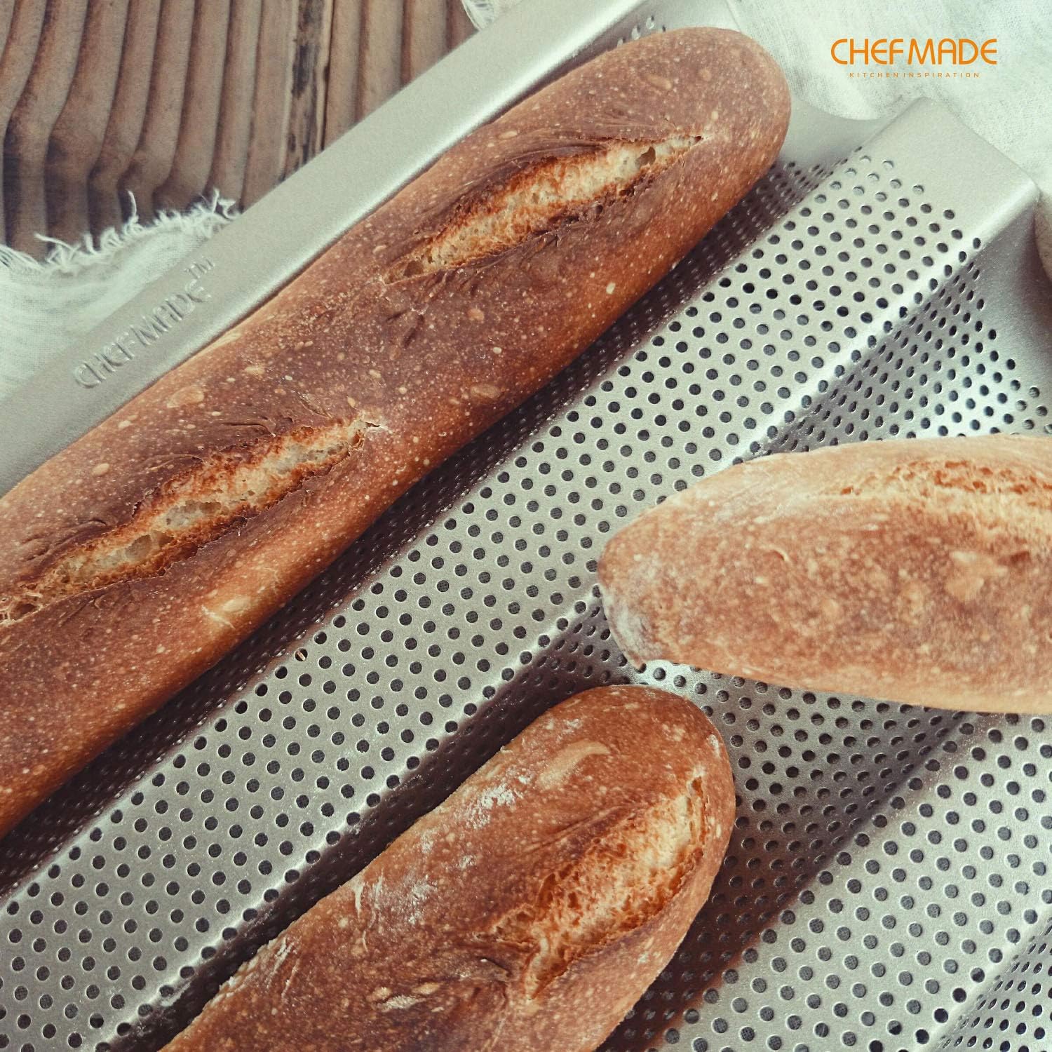 CHEFMADE Perforated Baguette Pan, 15-Inch 3 Wave Loaves Non-Stick Ultra-Ventilate French Bread Pan 2-Inch Channel for Oven Baking 15.2" x 9.6" (Champagne Gold)