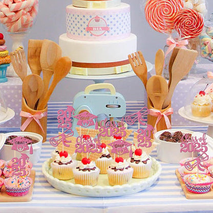 24 PCS 2025 Graduation Cupcake Toppers Glitter Diploma Congrats Grad Cap Cupcake Picks Class of 2025 Cake Decorations for 2025 Graduation Theme Party Supplies Pink