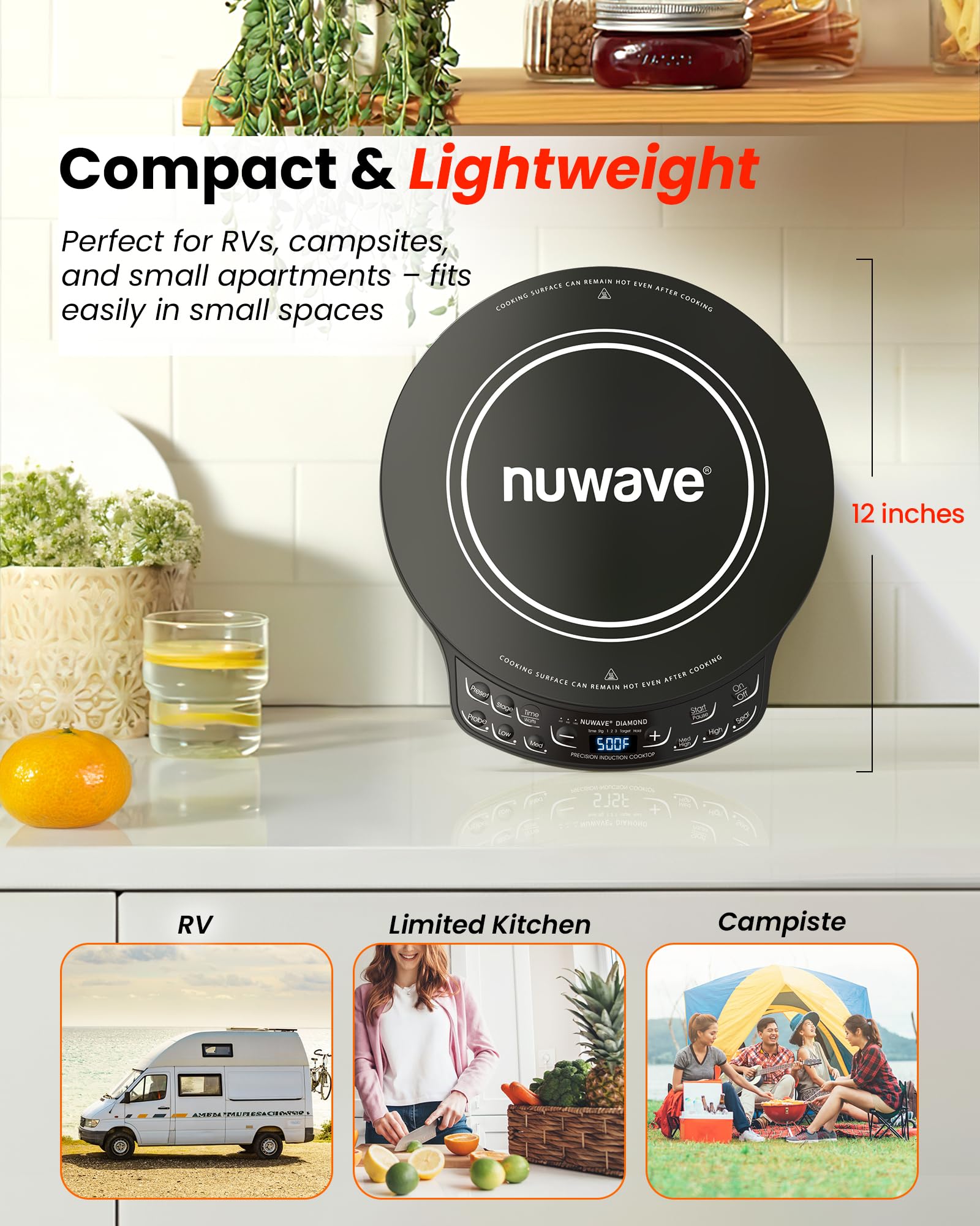 Nuwave przenośna kuchenka indukcyjna Diamond z sondą, zaawansowany palnik blatowy, 91 temperatur od 50°F do 500°F, 12-calowe szkło ceramiczne odporne na stłuczenie i 6,5-calowa cewka grzewcza, idealna do kempingu w kamperze, małego mieszkania, podróży