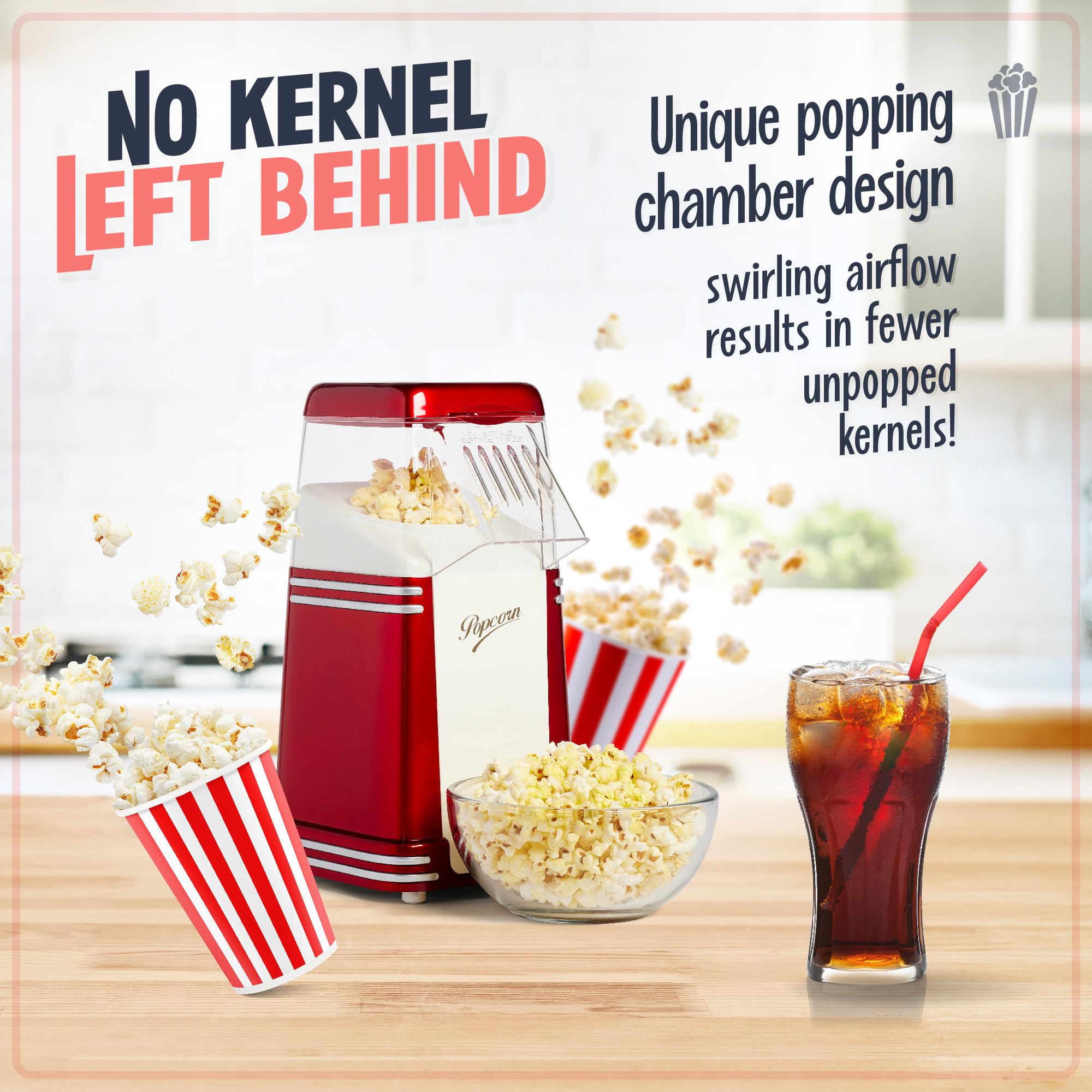 Nostalgia Hot-Air Elektryczna Maszyna Do Popcornu, 8 Kubków, Zdrowy Popcorn Bez Oleju z Miarką, Retro Czerwony