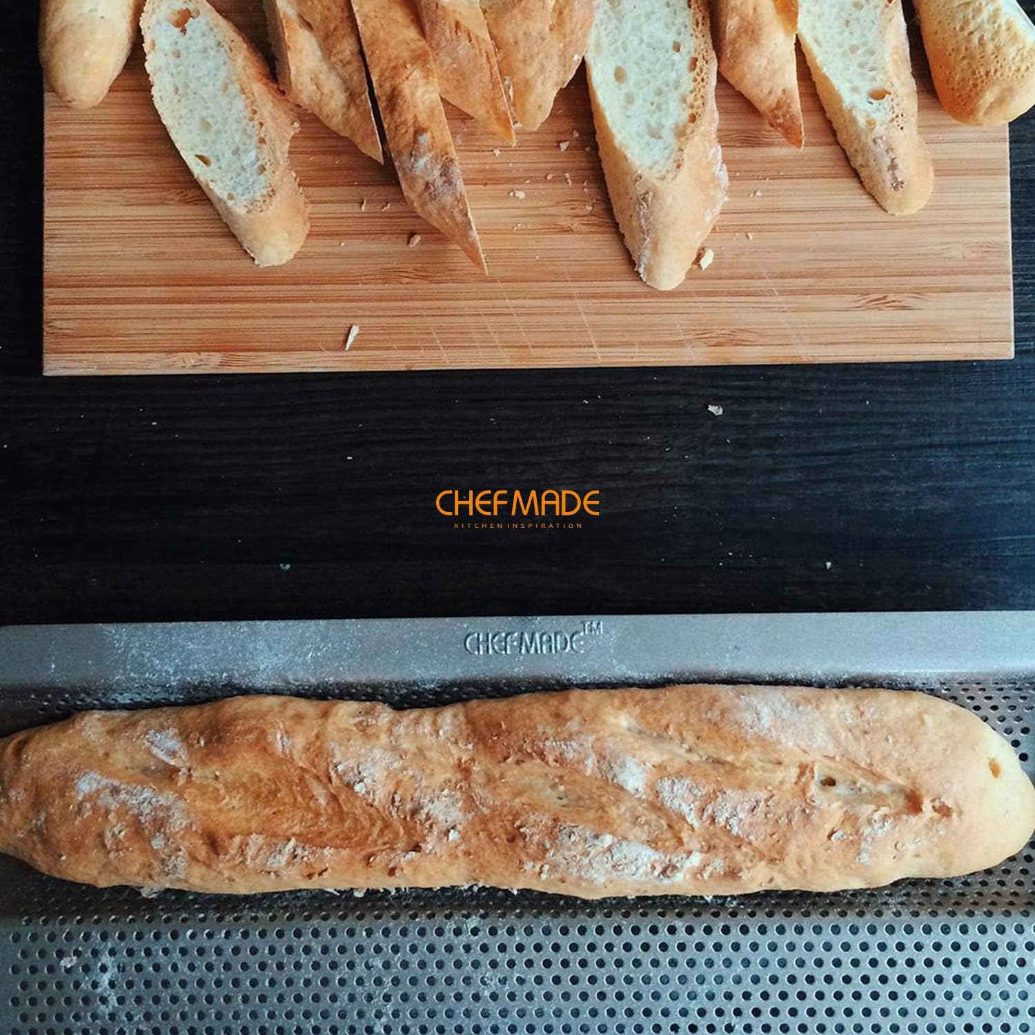 CHEFMADE Perforated Baguette Pan, 15-Inch 3 Wave Loaves Non-Stick Ultra-Ventilate French Bread Pan 2-Inch Channel for Oven Baking 15.2" x 9.6" (Champagne Gold)