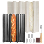 Baguette Bread Pan, Perforated French Bread Baking Pan, Nonstick 3 Loaf Bread Pans for Baking, with Baguette Kit – Includes Proofing Cloth & Dough Cutter, 15x11 Inch Gold