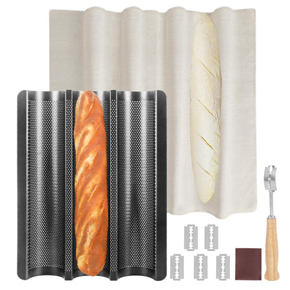 Baguette Bread Pan, Perforated French Bread Baking Pan, Nonstick 3 Loaf Bread Pans for Baking, with Baguette Kit – Includes Proofing Cloth & Dough Cutter, 15x11 Inch Gold