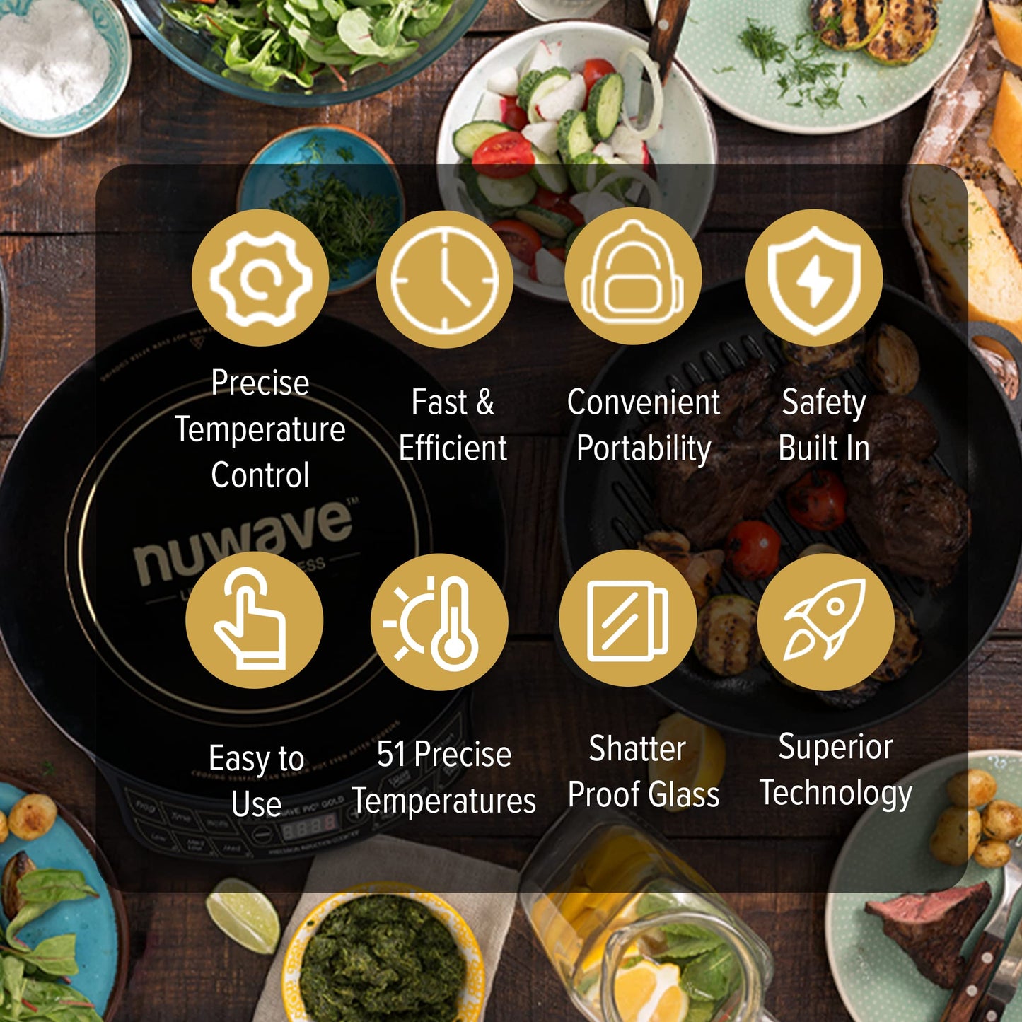 Nuwave Precision Induction Cooktop Gold, 12” Shatter-Proof Ceramic Glass Surface, Large 8” Heating Coil, Portable, 51Temp Settings 100°F to 575°F, 3 Wattage Settings 600, 900, and 1500 Watts