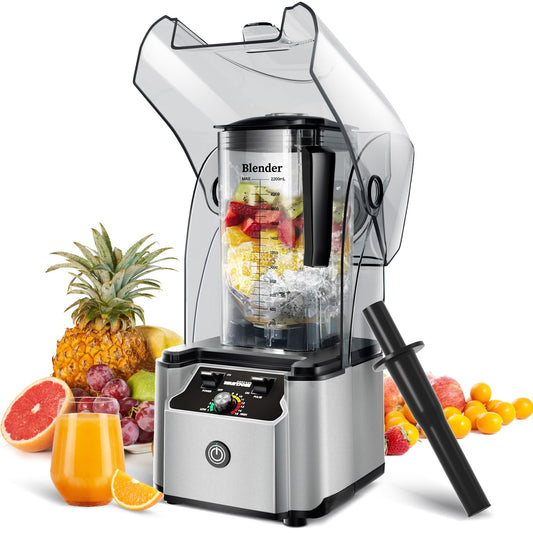 WantJoin Commercial Professional Blender With Shield Quiet Sound Enclosure 2200W Industries Strong and Quiet Professional-Grade Power, Self-Cleaning, Silver