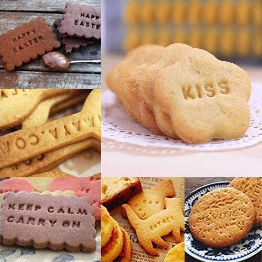 Home-X Cookie Stamps - Alphabet, Numbers & Symbols, DIY Fondant Embosser for Cookie & Cake Decorating - 96 Pieces Fondant Letter Stamps for Clay with Storage Bag - Pink & Yellow