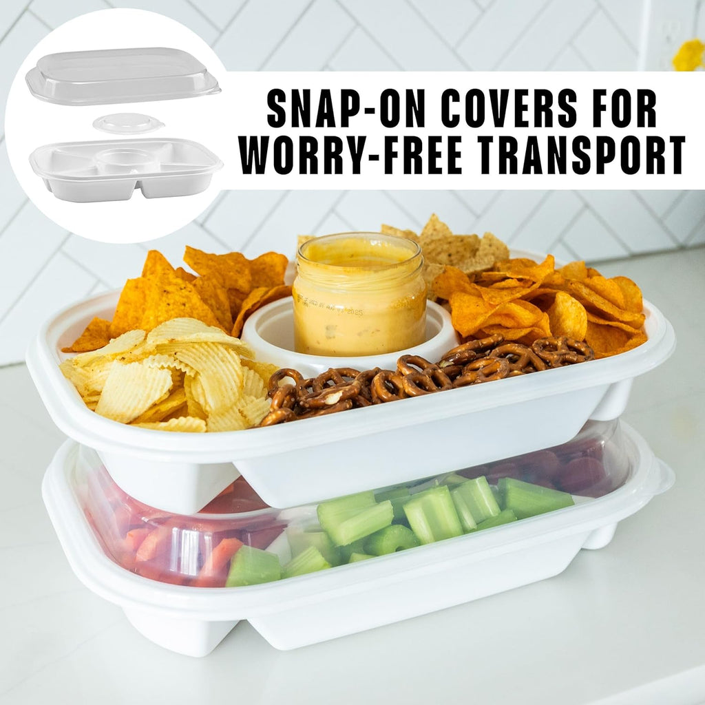 Buddeez Jumbo Divided Serving Tray with Lid - Includes 6 Bins for Party Platter, Snackle Box Container, Fruit and Veggie Tray, Chip