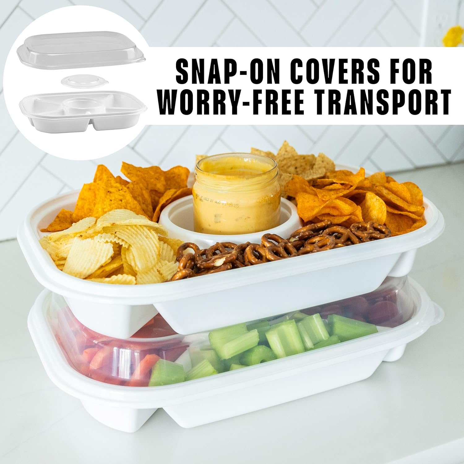 Buddeez Jumbo Divided Serving Tray with Lid - Includes 6 Bins for Party Platter, Snackle Box Container, Fruit and Veggie Tray, Chip