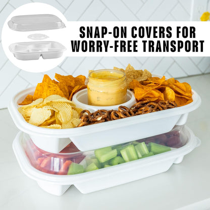 Buddeez Jumbo Divided Serving Tray with Lid - Includes 6 Bins for Party Platter, Snackle Box Container, Fruit and Veggie Tray, Chip