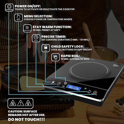 OMEO Portable Induction Cooktop Hot Plate Countertop Burner 1800 Watts Induction Burner with LCD Sensor Touch, LED Display, 10 Temperature Levels, Child Safety Lock, Auto Shutoff Function