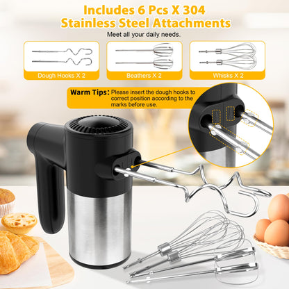 Cordless Hand Mixer, Digital Display 7 Speed Rechargeable Electric Mixer Handheld with 6 Stainless Steel Attachments Whisks Beaters Dough Hooks & Storage Base, Kitchen Blender for Baking, Eggs, Cakes