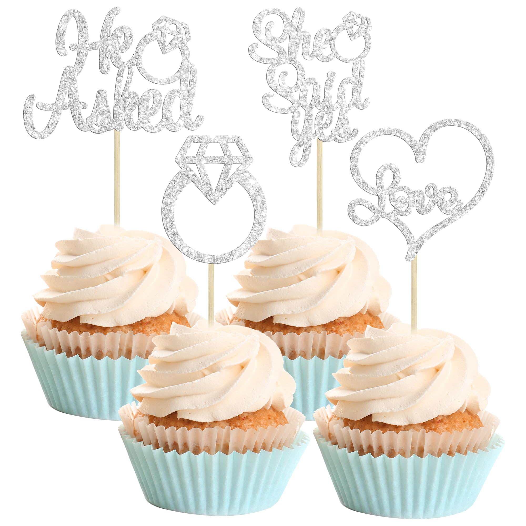 Gyufise He Asked She Said Yes Cupcake Toppers Gold Glitter Diamond Ring Heart Love Cake Picks for Wedding Engagement Party Cake Decorations 24 Pack