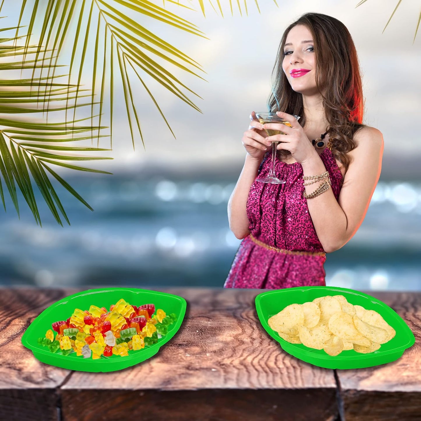 4E's Novelty Palm Leaf Party Serving Tray Plastic - Luau Candy Snack Tray Food Holder, Buffet Plates for Jungle Safari Hawaiian Party Supplies Dinosaur Table Centerpiece Decoration - Pack of 12