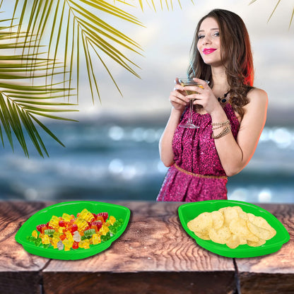 4E's Novelty Palm Leaf Party Serving Tray Plastic - Luau Candy Snack Tray Food Holder, Buffet Plates for Jungle Safari Hawaiian Party Supplies Dinosaur Table Centerpiece Decoration - Pack of 12