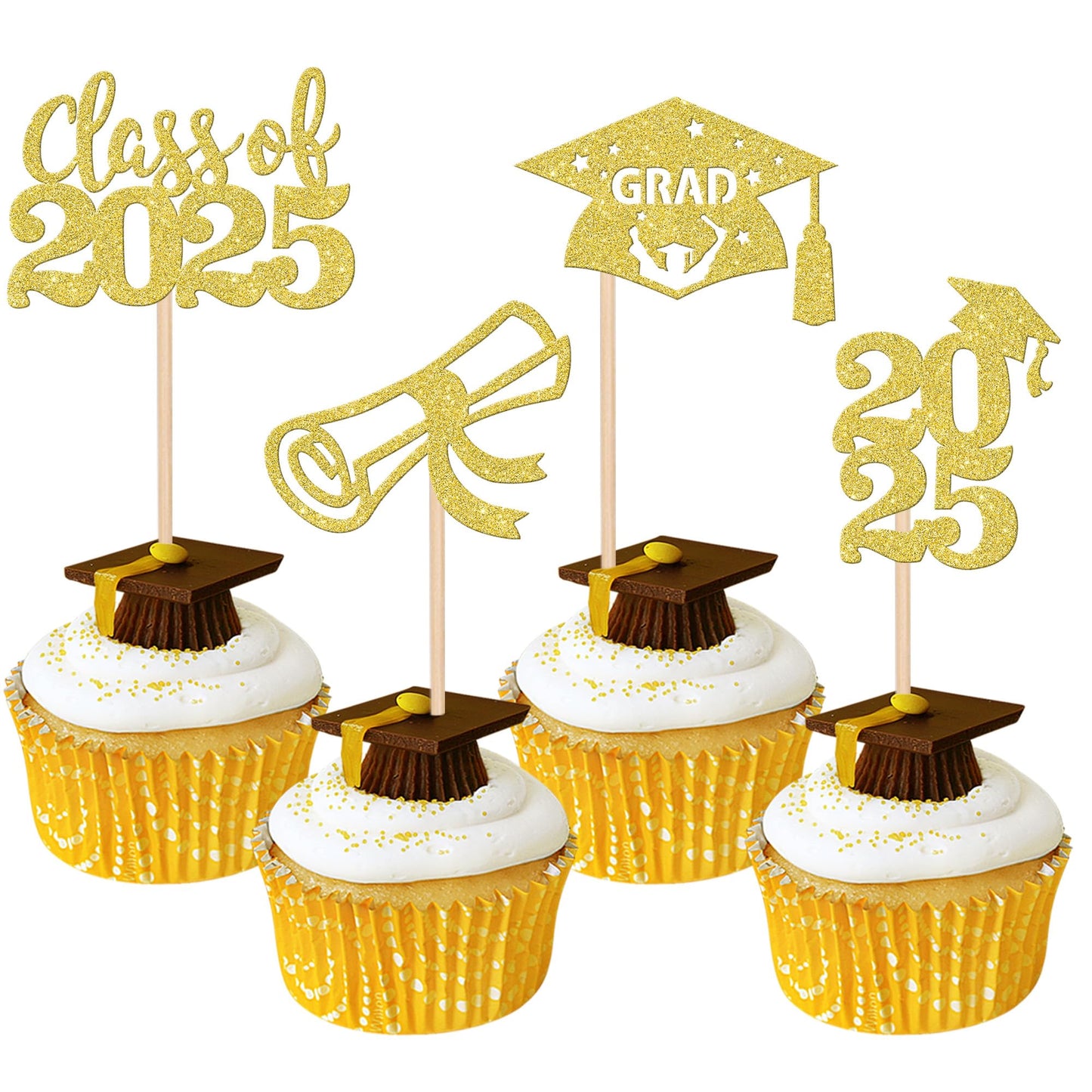 24 PCS 2025 Graduation Cupcake Toppers Glitter Diploma Congrats Grad Cap Cupcake Picks Class of 2025 Cake Decorations for 2025 Graduation Theme Party Supplies Pink