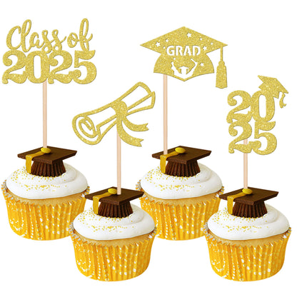 24 PCS 2025 Graduation Cupcake Toppers Glitter Diploma Congrats Grad Cap Cupcake Picks Class of 2025 Cake Decorations for 2025 Graduation Theme Party Supplies Pink