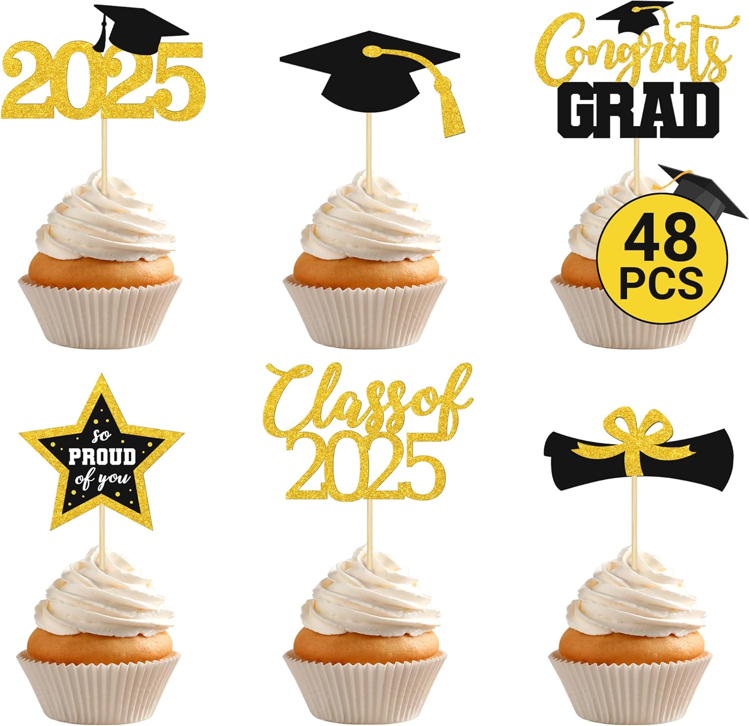 48 PCS Graduation Cupcake Toppers 2025, 6 Style Black and Gold Graduation Cake Toppers, Glitter Design Class of 2025 Toppers Grad Cupcake Picks, Disposable 2025 Graduation Decorations