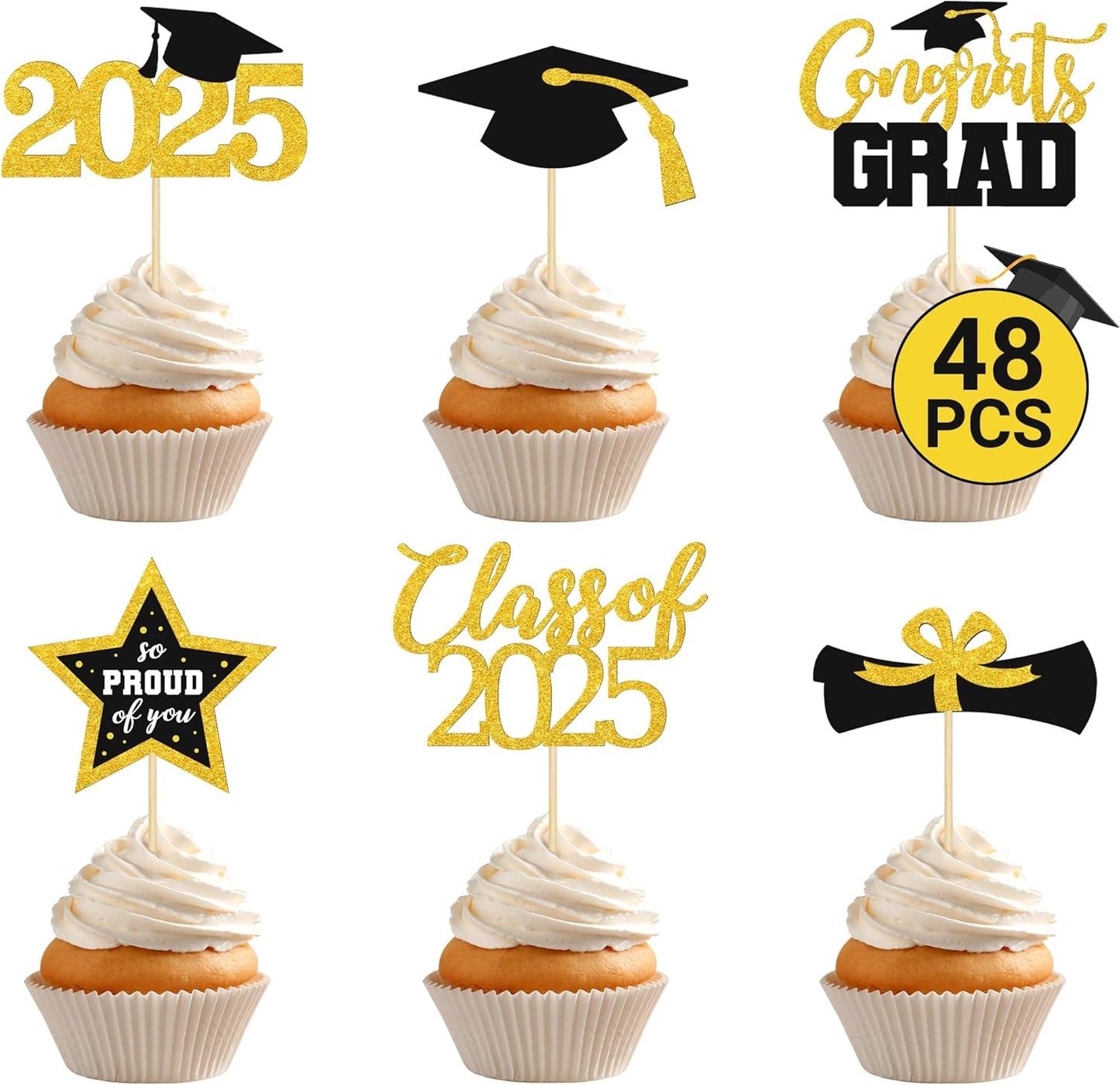48 PCS Graduation Cupcake Toppers 2025, 6 Style Black and Gold Graduation Cake Toppers, Glitter Design Class of 2025 Toppers Grad Cupcake Picks, Disposable 2025 Graduation Decorations