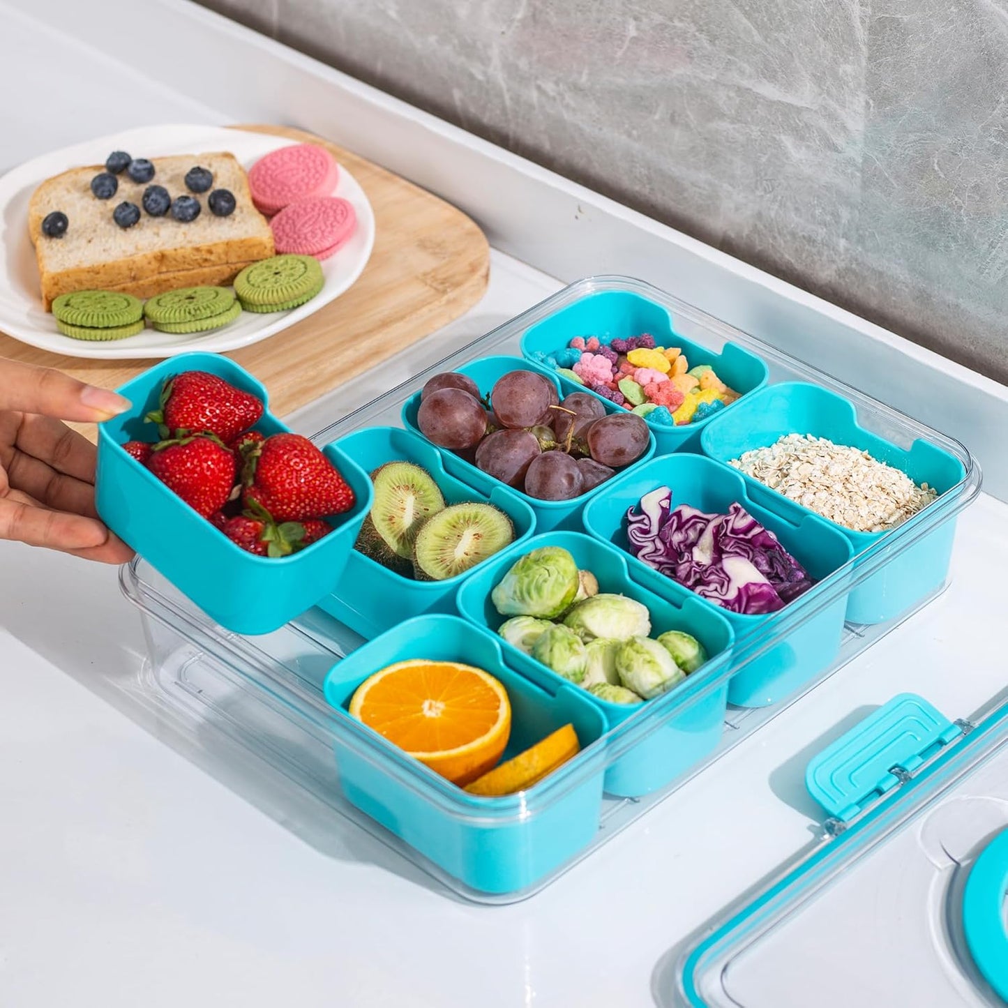 Divided Snack Serving Tray with Lid and Handle Travel Snackle Charcuterie Container Portable Storage Organizer for Candy, Fruits, Nuts, Snacks, Party, Picnic (1pack, Lake blue)