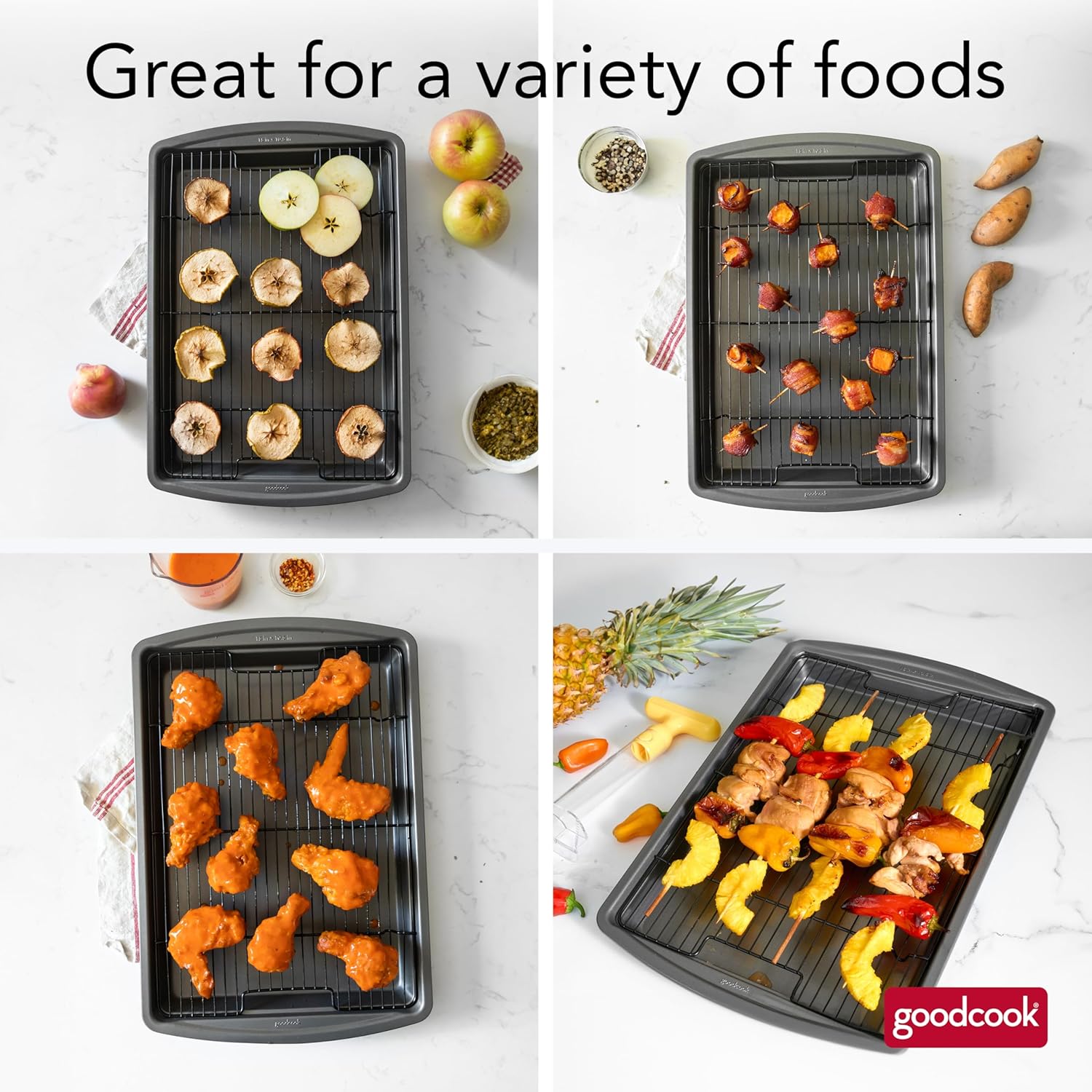 GoodCook 15” x 10.5” Nonstick Carbon Steel Baking Pan & Raised Wire Rack – Pizza Crisper, Crispy Bacon, Multipurpose Cooking Sheet Pan, Cooling Rack, Kitchen Cookware Set, Dishwasher Safe