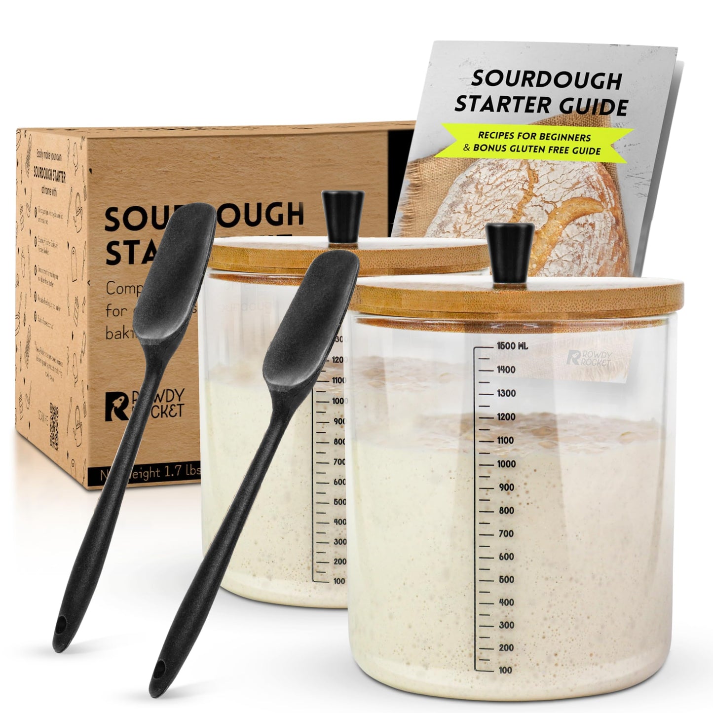 Sourdough Starter Kit (2-Pack) with 50oz Jars for Gluten-Free and Regular Baking - Stylish Jars with Easy Instructions