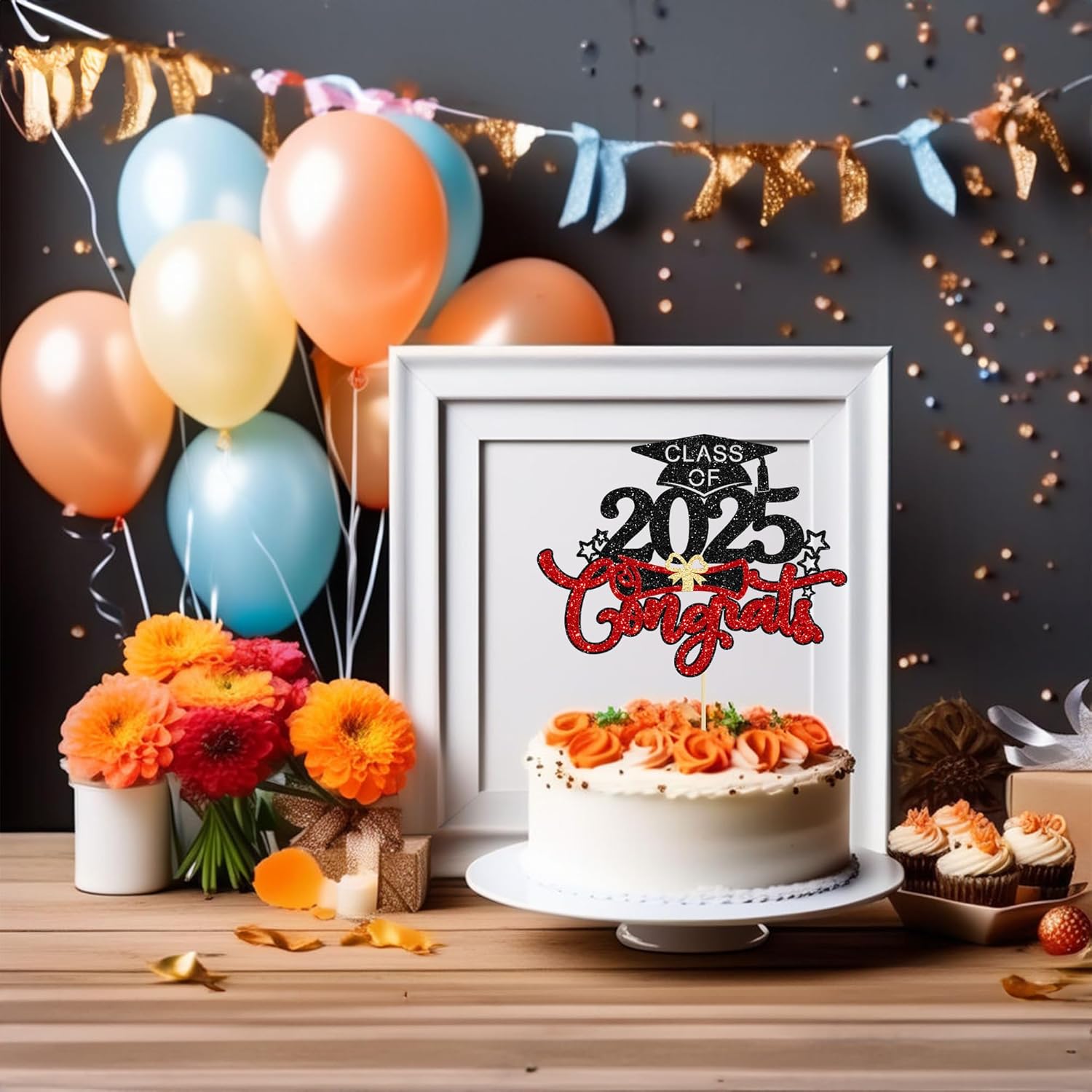 1Pc Congrats Grad 2025 Cake Topper Red Glitter Diploma Graduation Cap Cake Pick Congrats Class of 2025 Cake Decorations for 2025 Graduation Theme High School Boys Girls Graduate Party Supplies