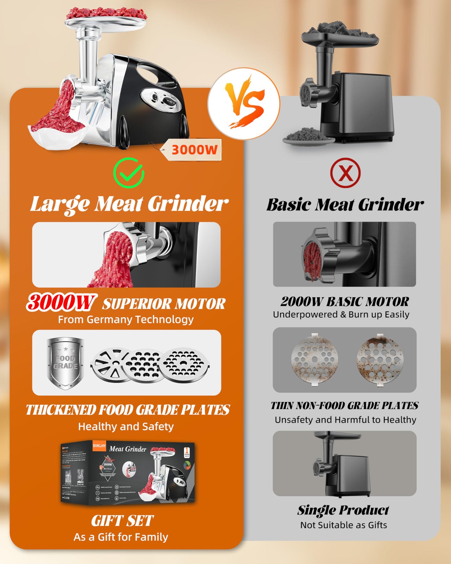 Electric Meat Grinder: [3000W Superior Motor] [Exquisite Box] Meat Grinder with 6 PCS Stainless Steel Blades & Grinding Plates, Sausage Stuffer Tubes & Kubbe Kit Portable Handle for Gift (Black)