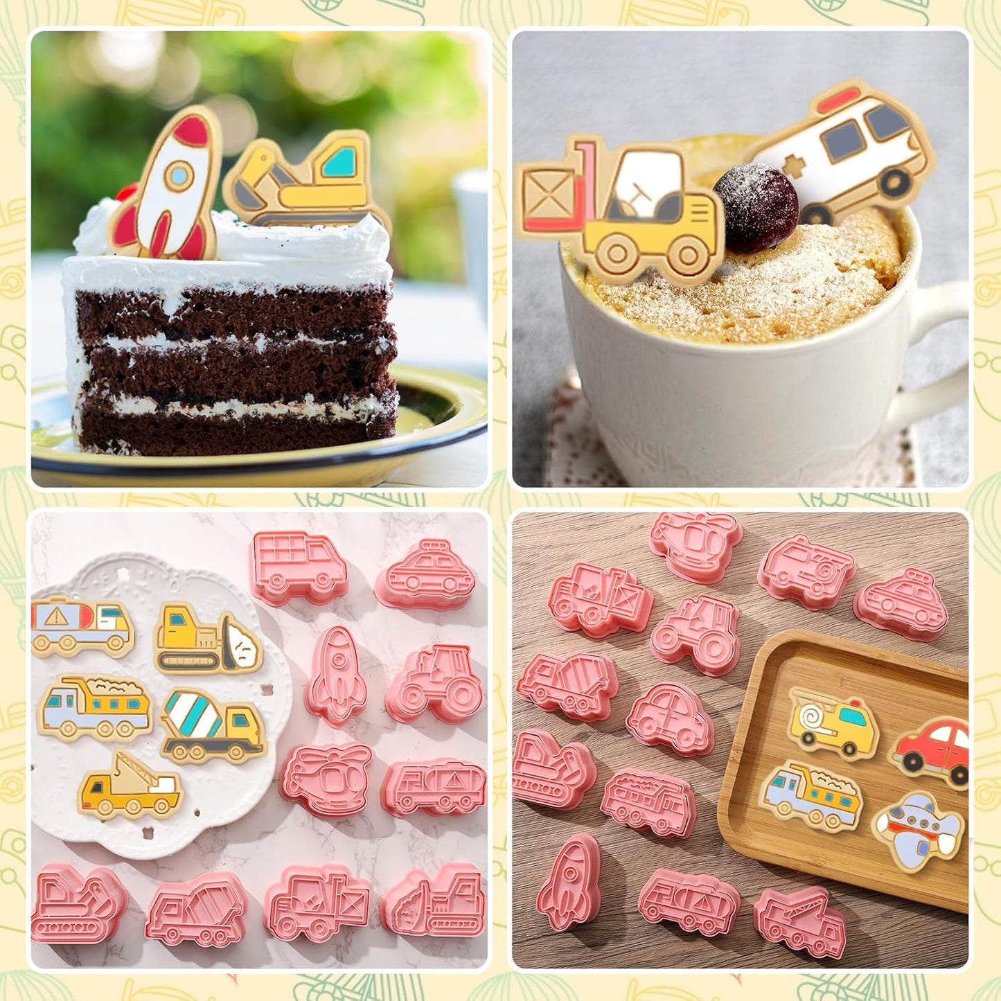 16 PCS Transportation Vehicle Cookie Cutters with Plunger Stamper, Car Cookie Mould Set, Transportation Theme Set Embossing Dies, Construction Vehicles Cookie Cutters Set for Fondant Cookies