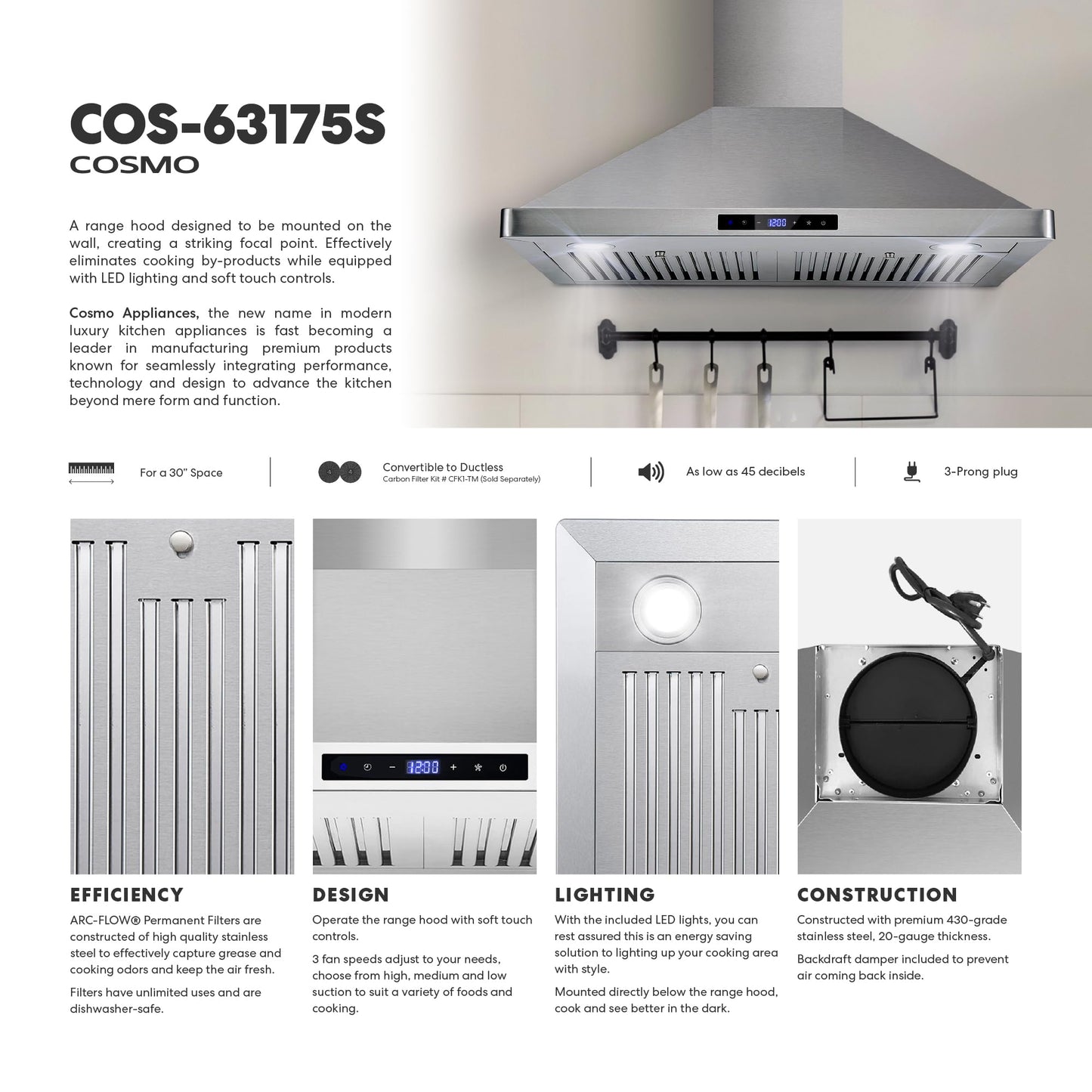 COSMO COS-63175S 30 in. Vista Collection 380 CFM Ducted Wall Mount Range Hood, Touch Controls, LED Lights, Stainless Steel