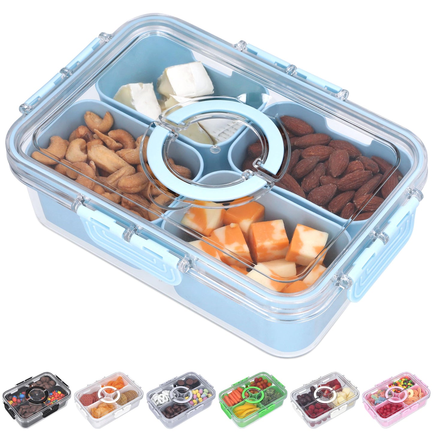 Snackle Box Container with Lid- Travel Charcuterie Box with Handle - Organizer for Candy, Fruit, Nuts, Veggies, Snacks, Beach Essentials, Portable Lunch Box (Pink, Small)