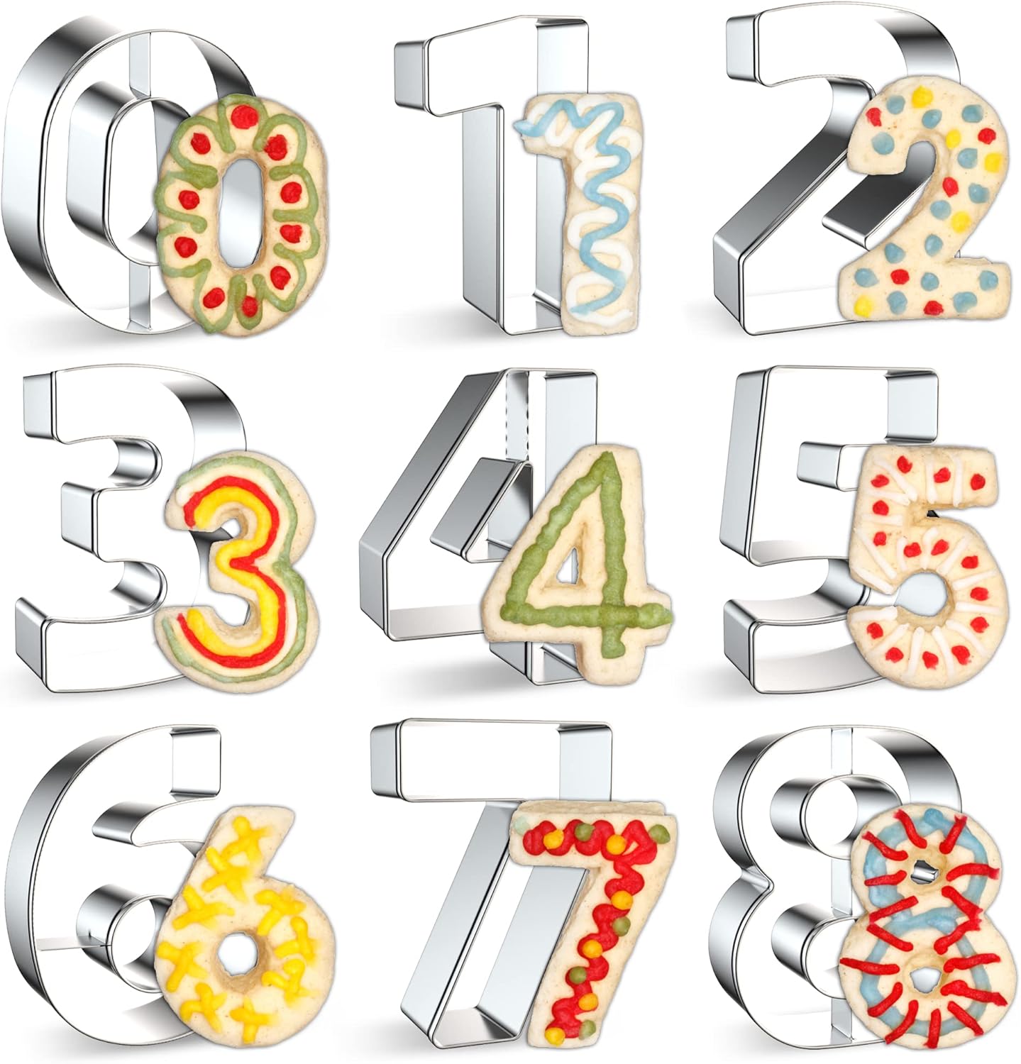 9PCS Number Cookie Cutters Set, Birthday Numbers 0-8(6 Reverses to 9), Stainless Steel Cookie Cutters for Baking, Number Shaped Baking Tool for Homemaking Biscuits, Cookie, Dough