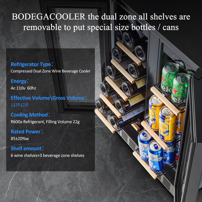 BODEGACOOLER 24 Inch Wine and Beverage Refrigerator, 2 Door Commercial Back Bar Cooler, Dual Zone Wine Cooler Refrigerator, Back Bar fridge for bar, party, Hold 20 Bottles and 57 Cans,LED light,Black.