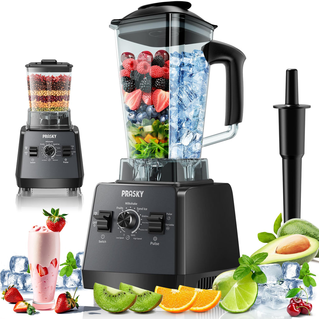 Profesjonalny blender, blendery do koktajli, PRASKY Max. 2400 W/1000 W Blender i młynek Combo 25000 RPM Mocny blender kuchenny 68 uncji Bez BPA 2 pojemniki Blendery stołowe Kruszenie lodu, sok
