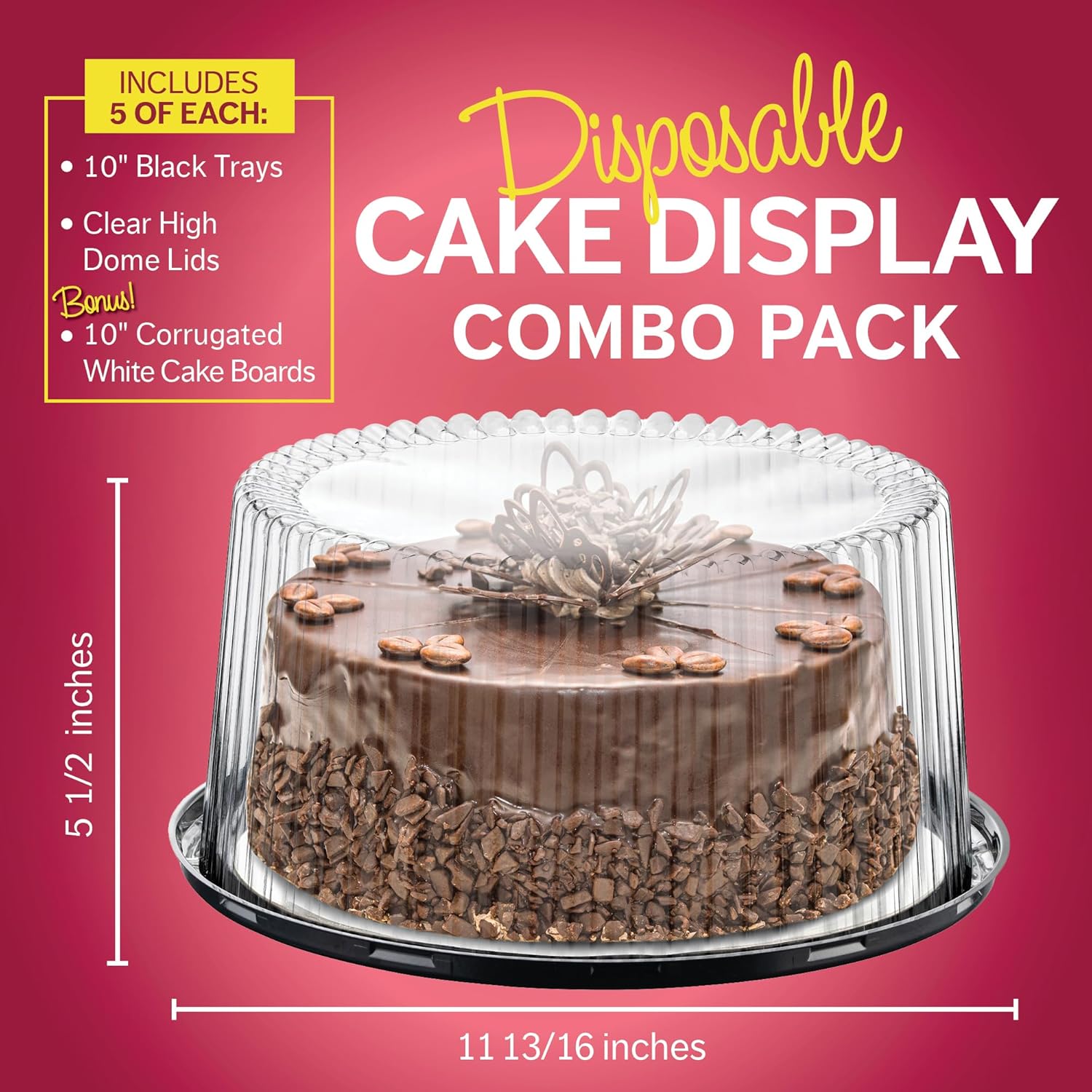 10 - 11" Plastic Disposable Cake Containers Carriers With Dome Lids And Cake Boards [5 Pack] And Cake Server | Round Bundt Cake Boxes / Cover | 2-3 Layer Cake Holder Display Containers For Transport