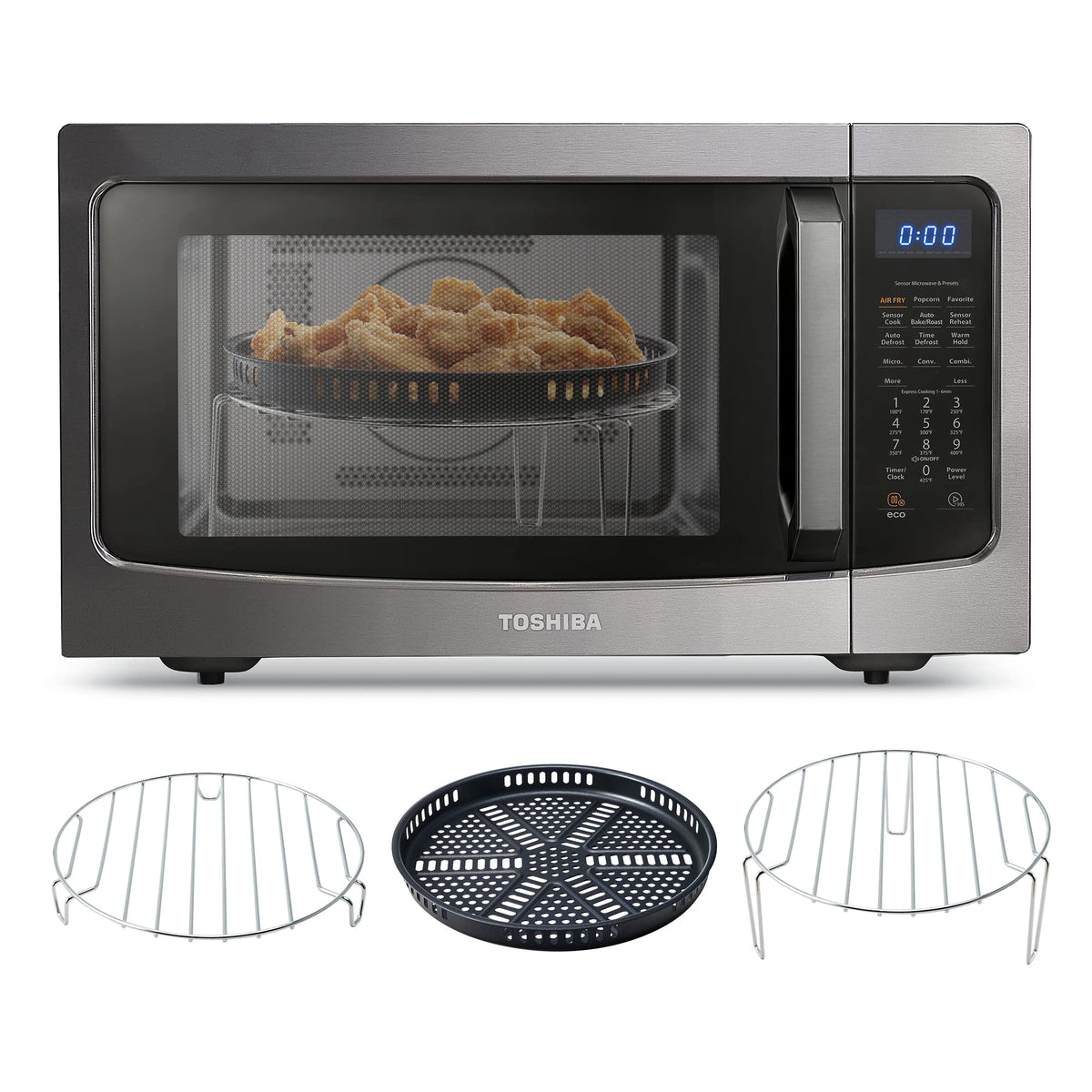 Toshiba Air Fryer Combo 4 w 1 kuchenka mikrofalowa do zabudowy, inteligentny czujnik, konwekcja, funkcja wyciszenia, pamięć położenia, talerz obrotowy 13,6 cala, 1,5 stopy sześciennej, 1000 W, czarny, ML-EC42P(BS)