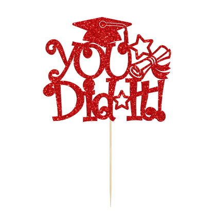 1Pc Congrats Grad 2025 Cake Topper Red Glitter Diploma Graduation Cap Cake Pick Congrats Class of 2025 Cake Decorations for 2025 Graduation Theme High School Boys Girls Graduate Party Supplies