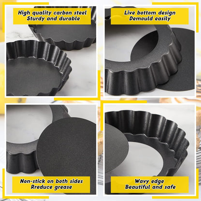 Tessco 16 Pieces Mini Tart Pans with Removable Bottom Nonstick Quiche Mini Pie Tart Pans Bakeware Mold Fluted Side for Pies(Black Gray Round,3 Inch)