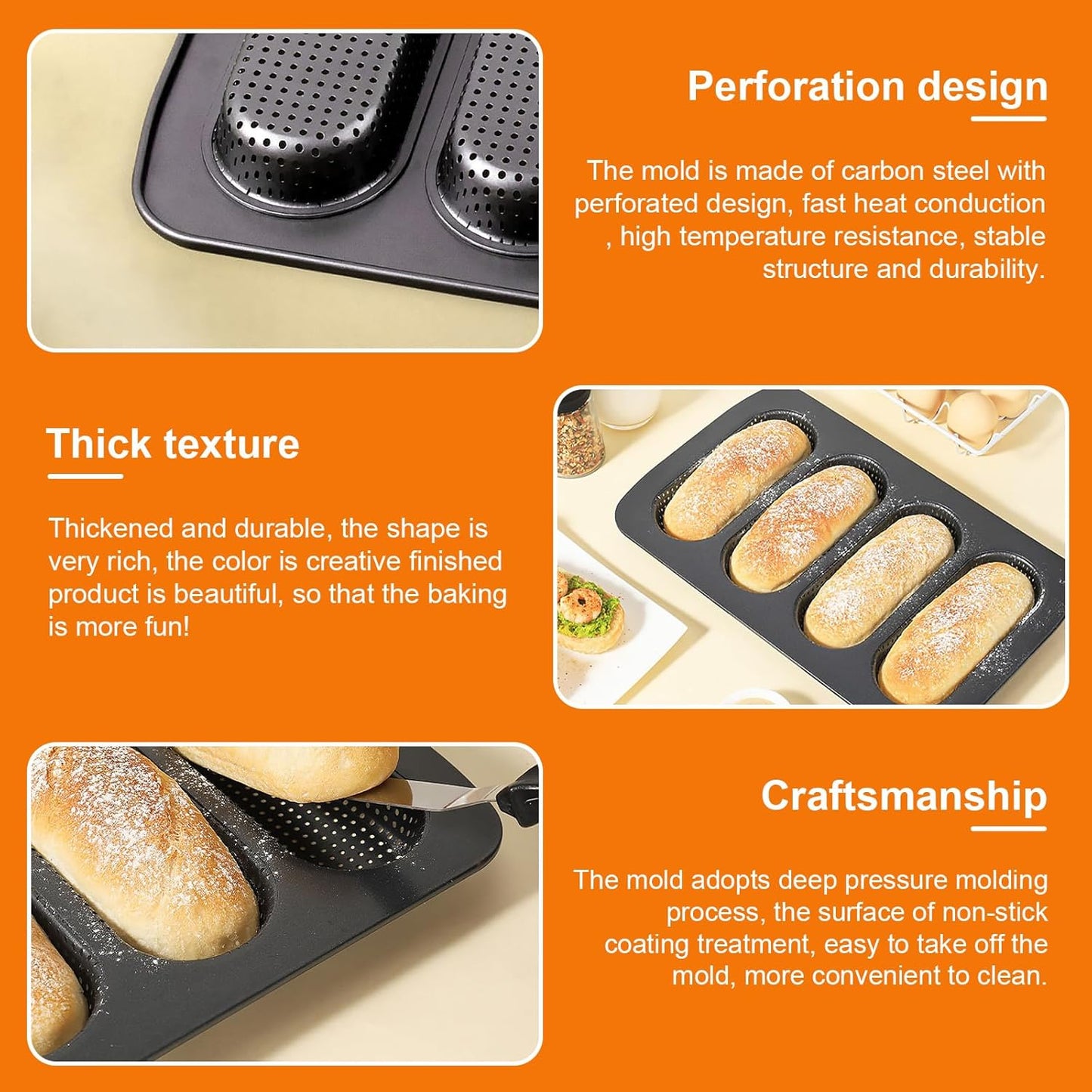 Mini Baguette Tray, Perforated French Stick Loaf Baking Molds Pan, Non-Stick Hot Dog Bun Baking Tray, Mini Sandwich Mold, for Crispy Loaves & Rolls, 13.6 x 8.4 x 1.1 inch