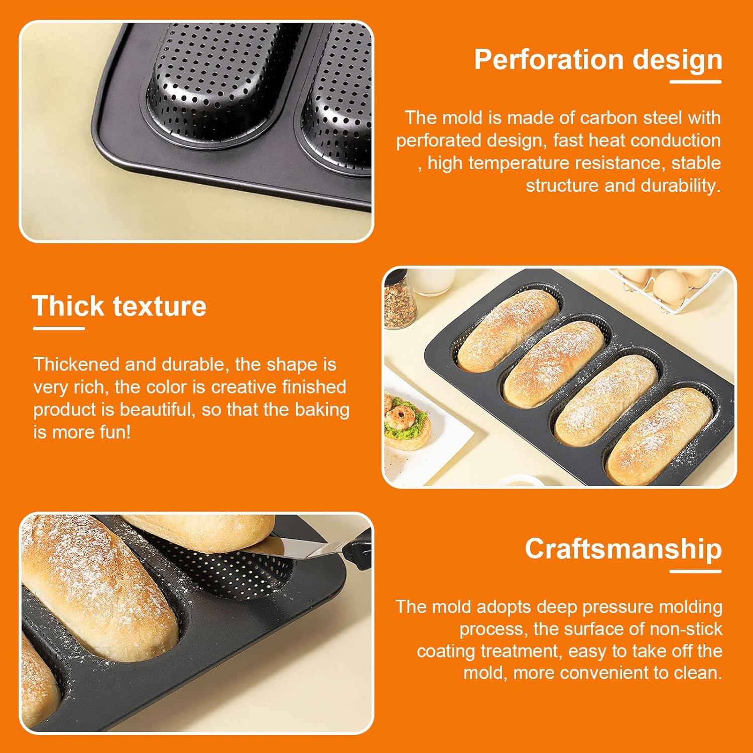 Mini Baguette Tray, Perforated French Stick Loaf Baking Molds Pan, Non-Stick Hot Dog Bun Baking Tray, Mini Sandwich Mold, for Crispy Loaves & Rolls, 13.6 x 8.4 x 1.1 inch