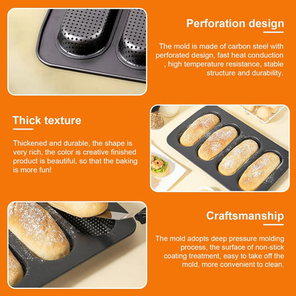 Mini Baguette Tray, Perforated French Stick Loaf Baking Molds Pan, Non-Stick Hot Dog Bun Baking Tray, Mini Sandwich Mold, for Crispy Loaves & Rolls, 13.6 x 8.4 x 1.1 inch