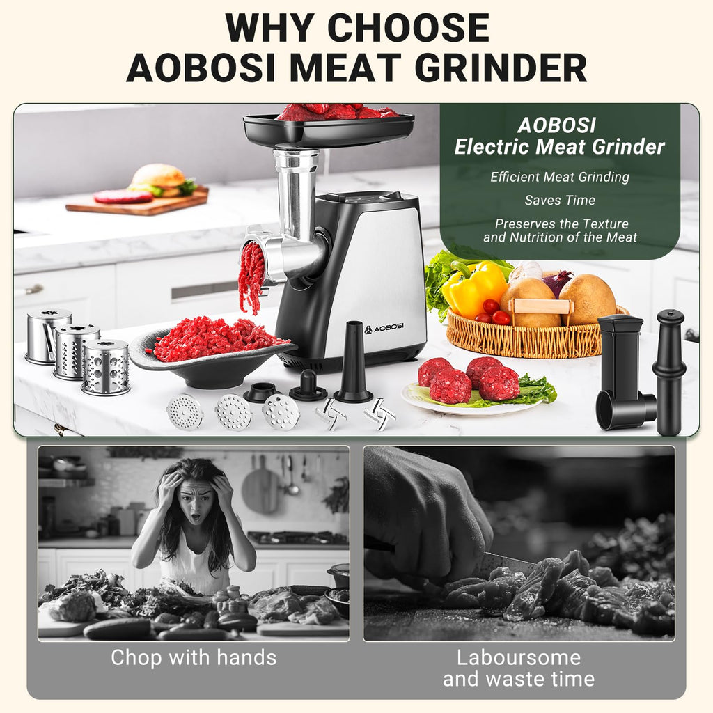 AAOBOSI Meat Grinder, 4-In-1 Meat Grinder Electric [2800W Max] with 3 Slice, Shred Blades,2 Blades,3 Plates,Sausage Stuffer,Kubbe Kit, for Home Kitchen Use, Stainless Steel