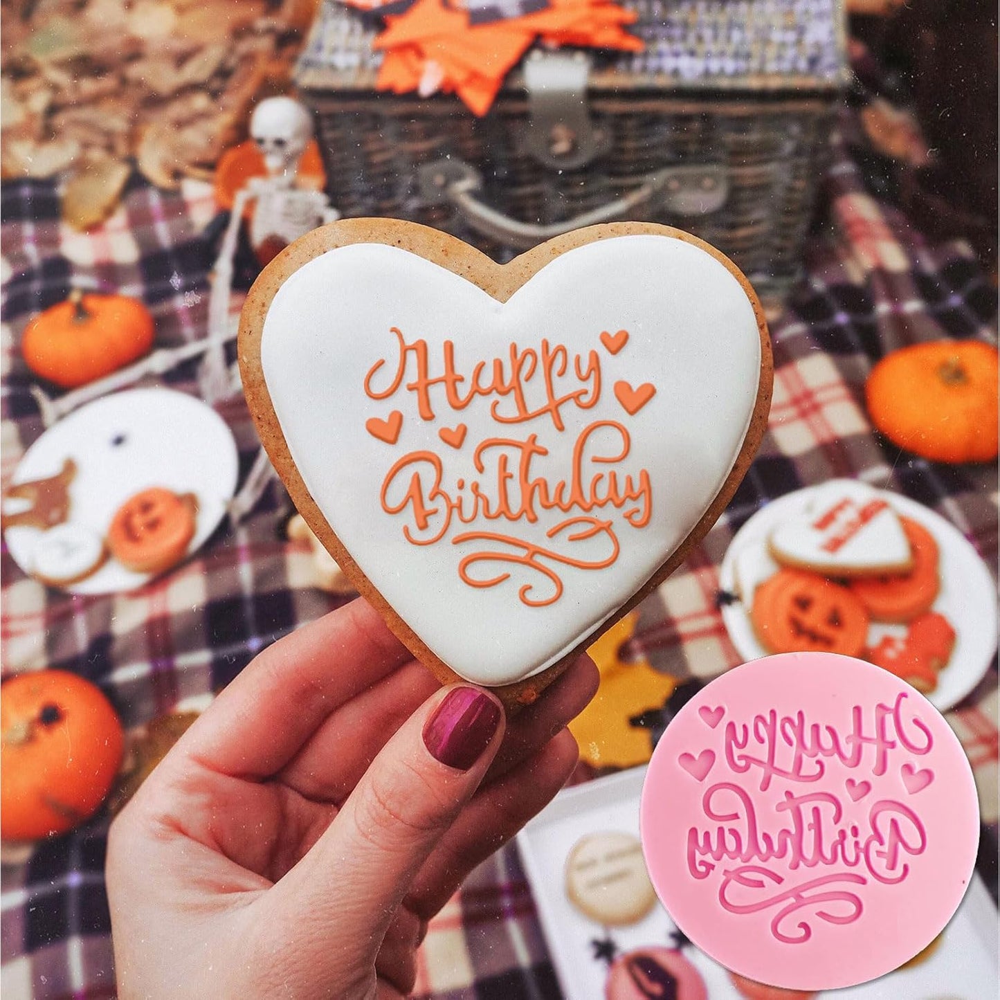 4Pcs Happy Birthday Fondant Embosser 3D Design Acrylic Mould Cookie Stamp, Cookie Cutters for DIY Baking Cake/Sugar Paste/Cupcake/Chocolate (3.15 inch, Random Colors)