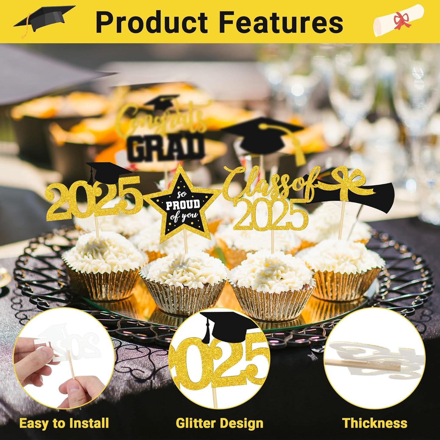 48 PCS Graduation Cupcake Toppers 2025, 6 Style Black and Gold Graduation Cake Toppers, Glitter Design Class of 2025 Toppers Grad Cupcake Picks, Disposable 2025 Graduation Decorations