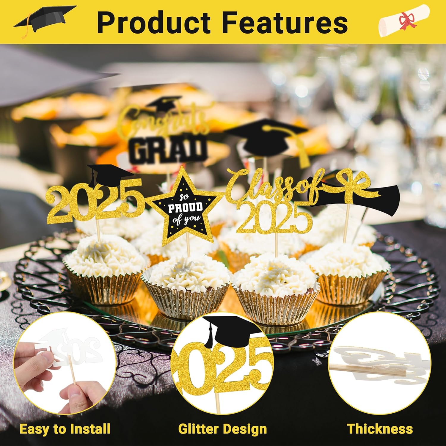 48 PCS Graduation Cupcake Toppers 2025, 6 Style Black and Gold Graduation Cake Toppers, Glitter Design Class of 2025 Toppers Grad Cupcake Picks, Disposable 2025 Graduation Decorations