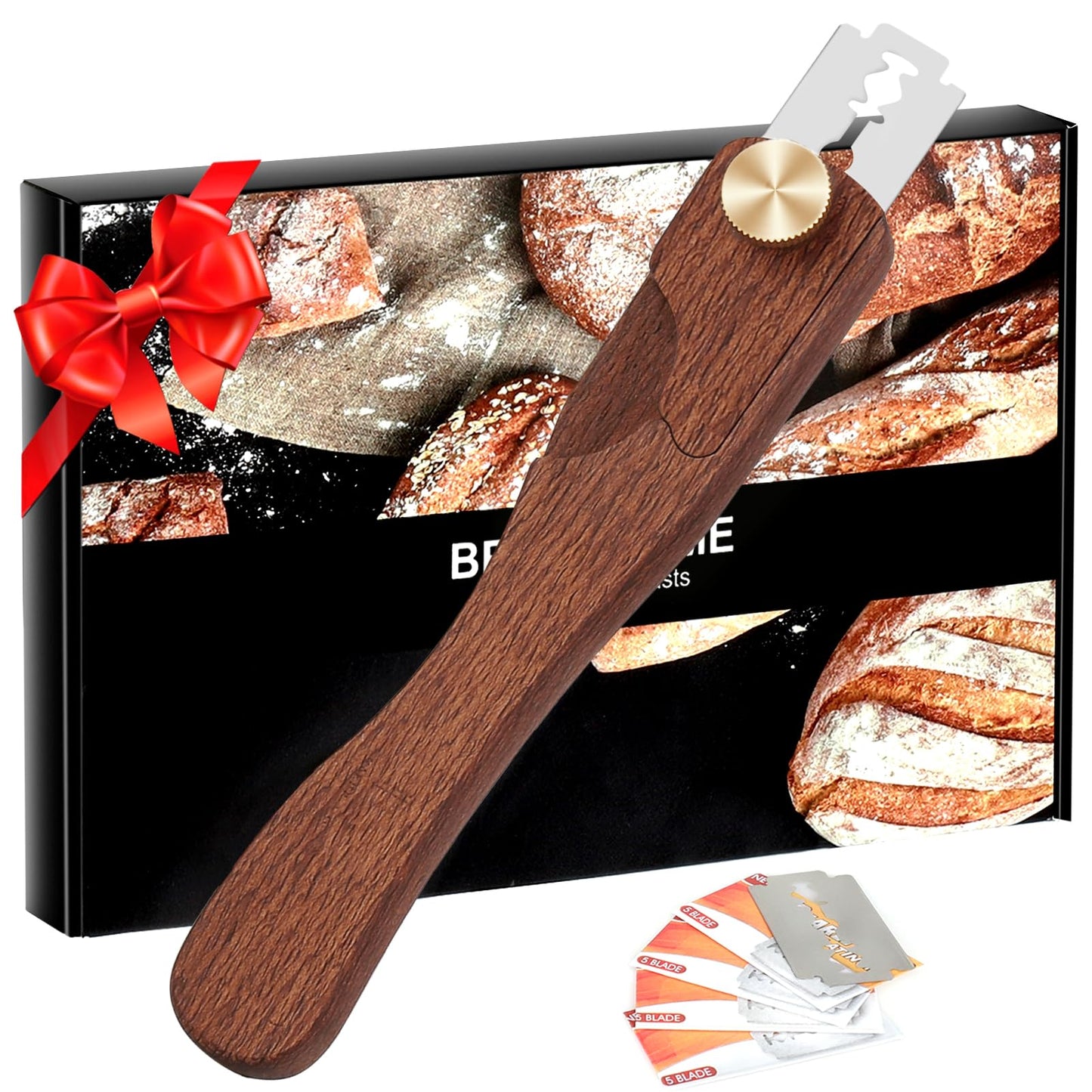 Magnetic Wooden Bread Lame Dough Scoring Tool,Hand Crafted Sourdough Lame Scoring Tool,Bread Scorer Tool for Homemade Bread Baking,Dough Scoring Bread Knife with 5 Razor Blades