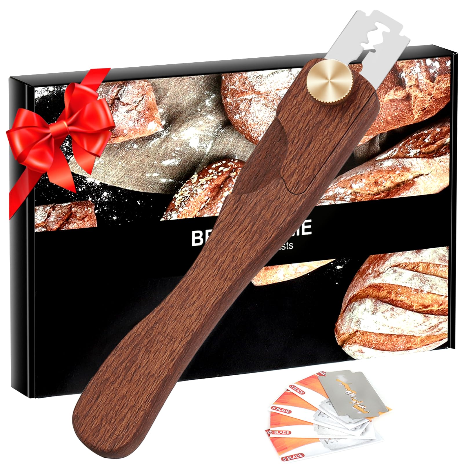 Magnetic Wooden Bread Lame Dough Scoring Tool,Hand Crafted Sourdough Lame Scoring Tool,Bread Scorer Tool for Homemade Bread Baking,Dough Scoring Bread Knife with 5 Razor Blades