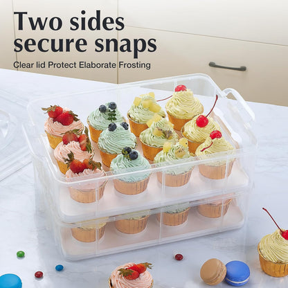 Plastic Cupcake Carrier 24 Count, 2-Layer Cupcake Holder Carries with Lid & Handles, Cookie, Cake, Cupcake and Brownie Storage Carrier, Reusable Cupcake Box