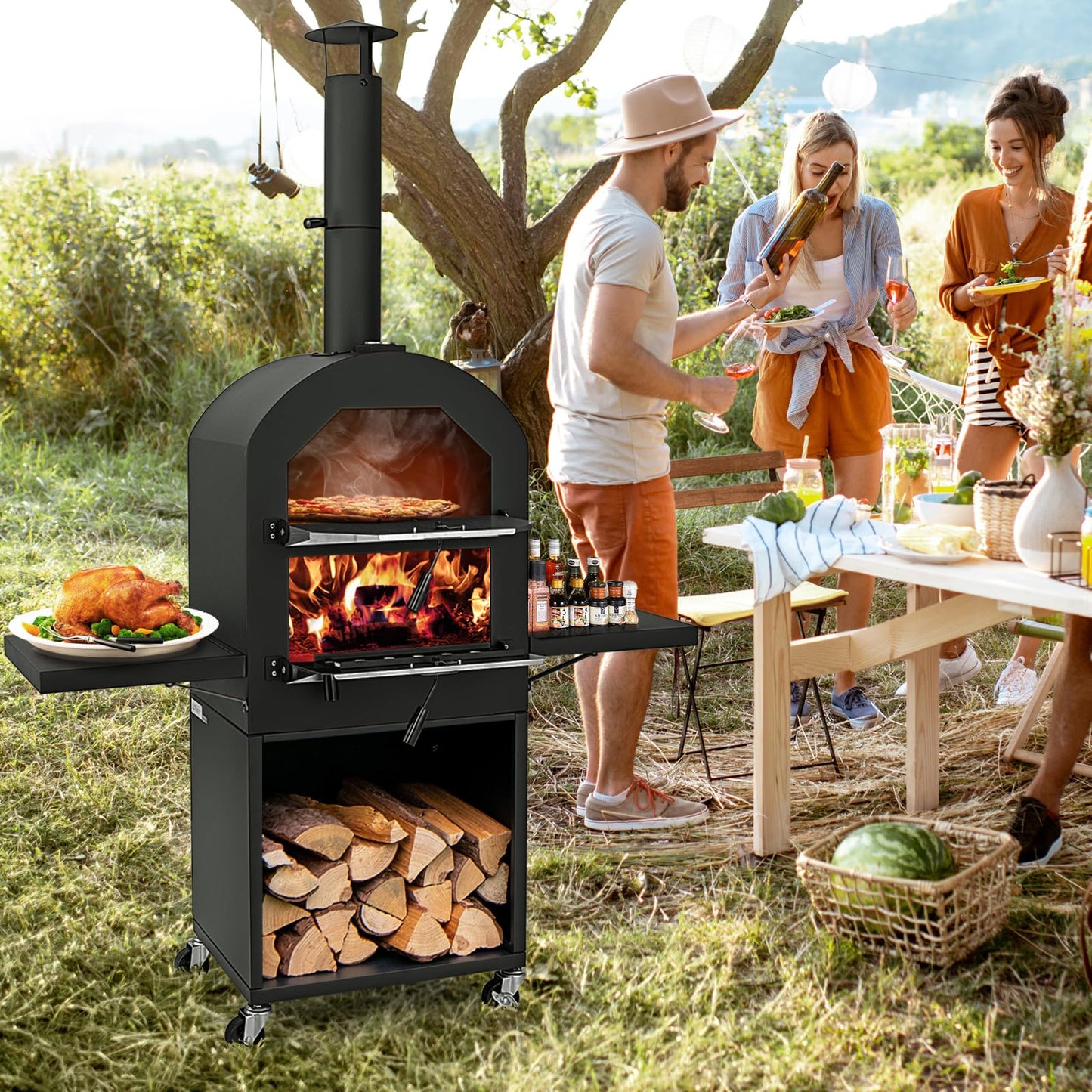 Giantex Pizza Oven Outdoor - Wood Fired Pizza Oven with 2 Side Tables, Pizza Stone, Pizza Peel, Cover, Cooking Grids, Pizza Maker on Wheels for Outside Charcoal Grill Backyard Party Camping