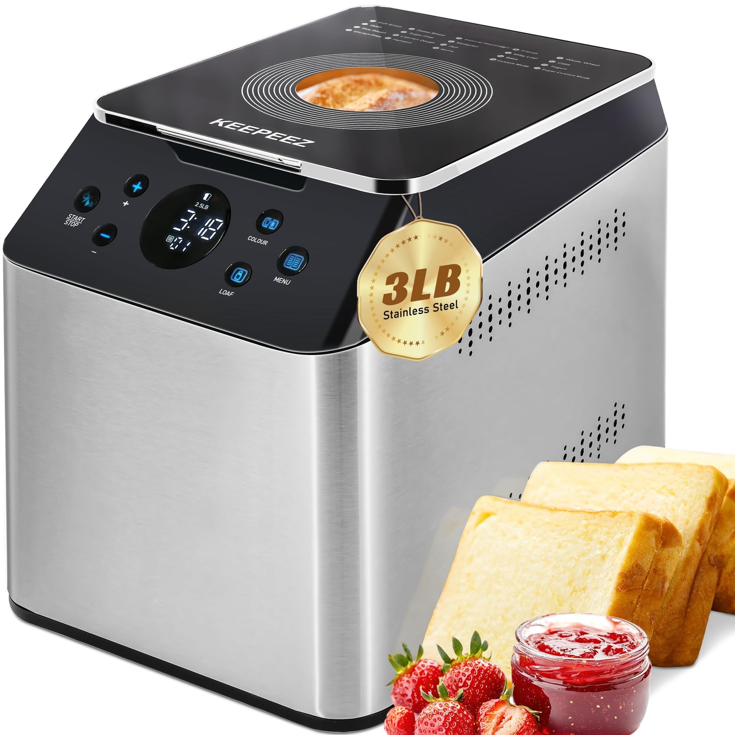 3LB Larger & 20-in-1 Ultra Quiet Bread Maker Machine, 710W Die-Cast Ceramic Pan Bread Machine with Dual Heaters, Stainless steel Breadmaker with Auto Fruit Dispenser & 2 Custom Menus,Extra 2 Paddles